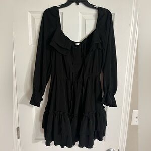 Kirundo Womens Large Dress Black Woven Ruffle Tiered Elastic Long Sleeve Midi